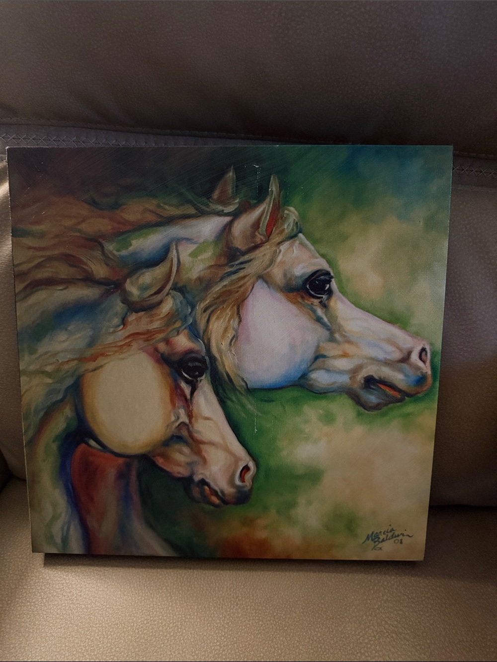 Graceful Pair of White Horses Canvas Art - Green Accent